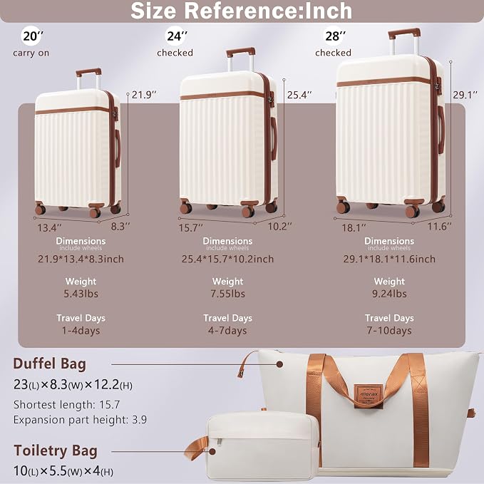 Merax 3 Piece Luggage Sets, Hardside Lightweight Carry on Suitcase | Durable Expandable Luggage with Travel Bags Spinner Wheels and TSA Lock,White and Brown - Image 2