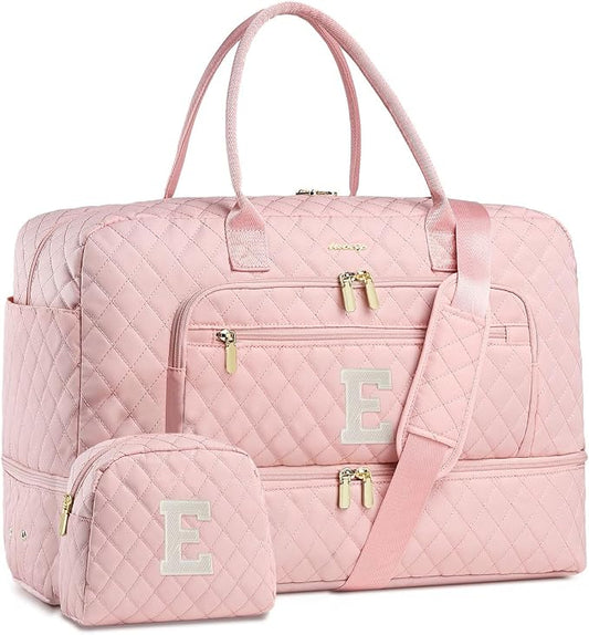 Initial Travel Duffle Bag for Women - Pink Personalized Weekender Bags Overnight Bag with Shoe Compartment & Wet Pocket Weekend Tote Bags with Toiletry Bag Monogram Gifts (Letter E) by LUOCIP