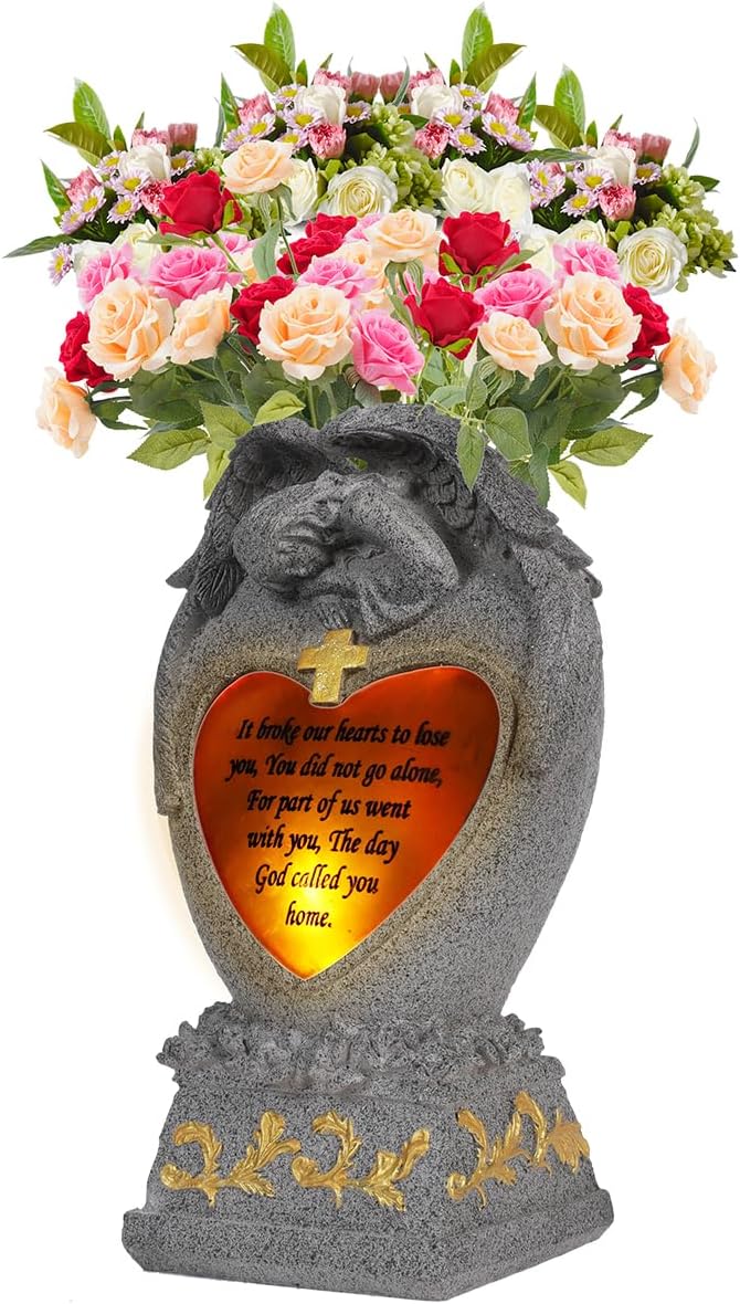 Cemetery Decorations for Grave,Cemetery vases for Grave,Decoration for Graves, Garden Angel,Cemetery vase with led,Family Garden Memorial Statue Funeral Gift, Angels Solar Lights,Crying Angel (Gray)