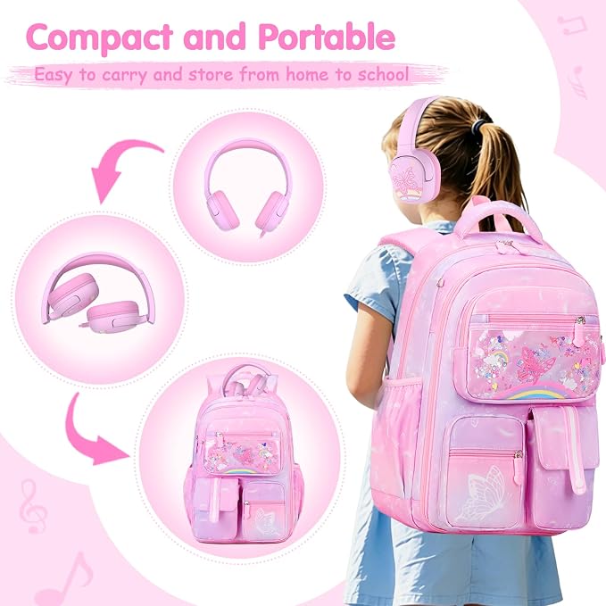 ACESAK Kids Backpack for Girls, Rainbow Backpack Set with Over-ear headphones, Lunch Bag Set for School, Girls Backpack for Elementary Middle school Teen Student(Pink) - Image 5
