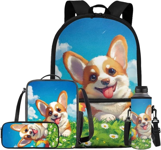 Cute Corgi Dog Backpack for Girls Boys Backpack with Lunch Box Water Bottle Holder and Big Pencil Case 4PCS Set 17" Bookbag with Front Pocket for School Sturdy School Bag for Kids Elementary by ELEDIZI