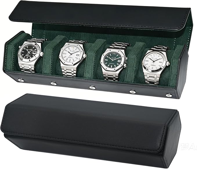 4-Slot Leather Watch Roll Travel Case with Velvet Interior,Black Green | Multiple Watch Capacity,Premium Hexagon Leather,Velvet M-Shaped Cushions,Secure Snap Closure,Storage Organizer by Unknown