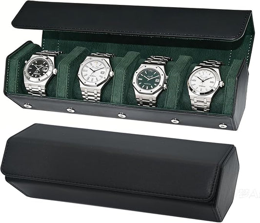 4-Slot Leather Watch Roll Travel Case with Velvet Interior,Black Green | Multiple Watch Capacity,Premium Hexagon Leather,Velvet M-Shaped Cushions,Secure Snap Closure,Storage Organizer by Unknown