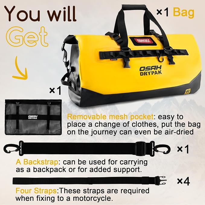 OSAH DRYPAK Waterproof Duffel Bag 25L/40L/60L – Heavy-Duty Motorcycle Tail Bag, Roll-Top Dry Bag for Travel, Camping, Boating, Kayaking, Outdoor Adventure - Image 7