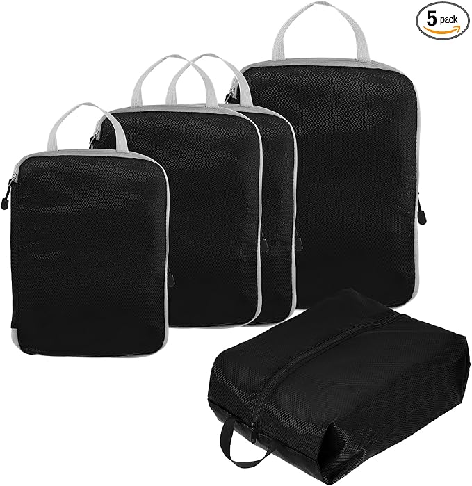 PATIKIL Compression Packing Cube for Travel, 5 Set Waterproof Travel Packing Cube Compression Nylon Luggage Organizer Bags Shoe Bag for Suitcases Backpack, Black by PATIKIL