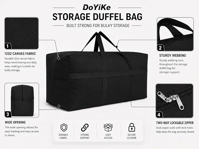 DoYiKe Extra Large Canvas Storage Duffle Bag, Duffel Bag for Travel Black 210L - Image 6