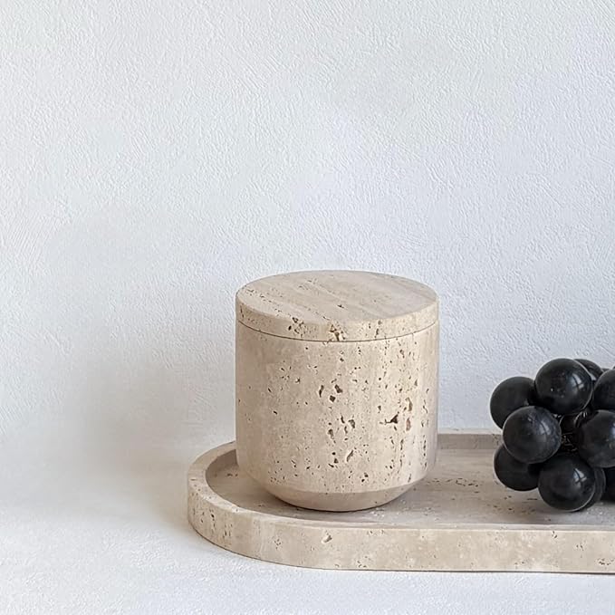 Natural Marble Hole Stone Cosmetic Cotton Swab Sundry Small Tank Storage Box Jar with Lid (Yellow Travertine) - Image 4