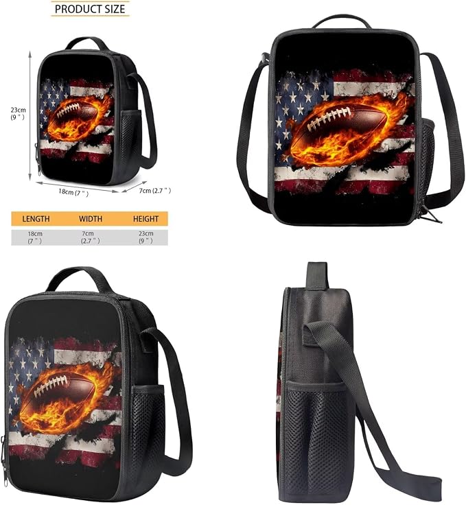 Retro American Flag Football Fire Print Children's Knapsack Set with Reusable Shoulder Lunch Bag, Boys Girls School or Travel Large Backpack Set 4th of July School Students Daypack - Image 6