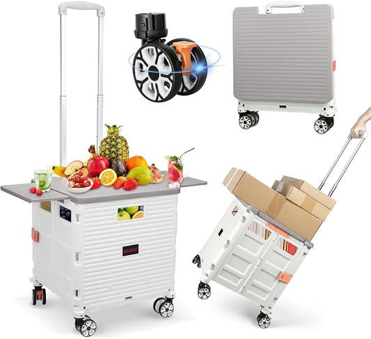 FELICON SELORSS Folding Utility Cart Portable Rolling Crate Handcart-White | Magnetic Sliding Lid,Telescoping Handle,Plastic Box Dolly,360°Swivel Wheels for Travel Shop Move Laundry Office Teacher Use by FELICON