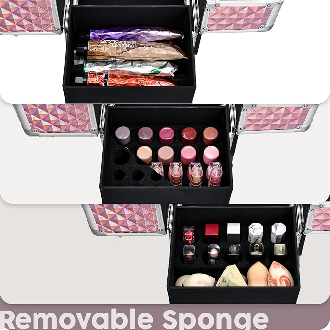 Rolling Makeup Case with Drawer Cosmetology Case on Wheels Makeup Trolley Sliding Drawer Makeup Travel Case for Esthetician, Mobile Stylist, Manicurist Barber Case Traveling Cart Trunk Glitter Pink - Image 4