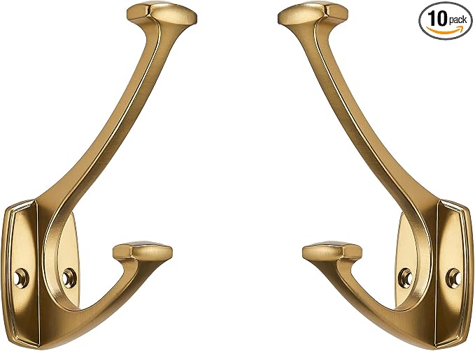 10 Pack Brushed Brass Satin Brass Hooks Decorative Heavy Duty Solid Large Coat Hooks for Towel Hanging Coats Robe Wall Mounted Towel Bags Door Back Bathroom Wall Hook. by ZAUYX