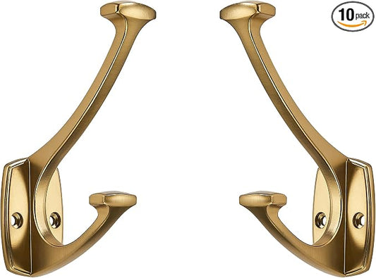 10 Pack Brushed Brass Satin Brass Hooks Decorative Heavy Duty Solid Large Coat Hooks for Towel Hanging Coats Robe Wall Mounted Towel Bags Door Back Bathroom Wall Hook. by ZAUYX