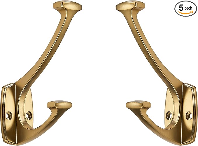 5 Pack Brushed Brass Satin Brass Hooks Decorative Heavy Duty Solid Large Coat Hooks for Towel Hanging Coats Robe Wall Mounted Towel Bags Door Back Bathroom Wall Hook. by ZAUYX