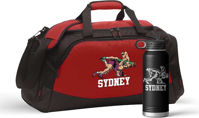 Personalized Girls Wrestling Duffel Bag Set Engraved Water Bottle | Wrestling Design Custom Name Wrestler Birthday Christmas Senior Night (Female Wrestler, Red/Black, Bag/Bottle Combo) by VitalSignsNW