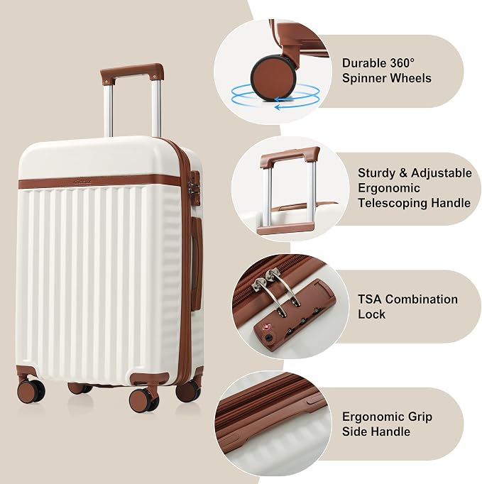 Hardshell Luggage, Lightweight Suitcase with Spinner Wheels, WHITE BROWN+USB - Image 2