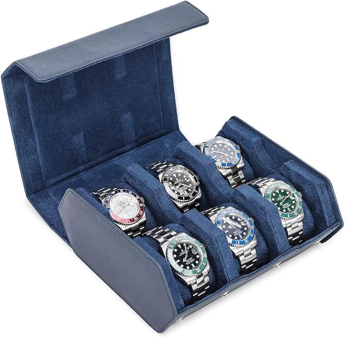 Hiram Genuine Leather Hexagon Watch Roll Travel Case, Leather 6-Watches Roll Case with Removable Pillow Cushion for Treasured Watches and Bracelets-Blue by Hiram