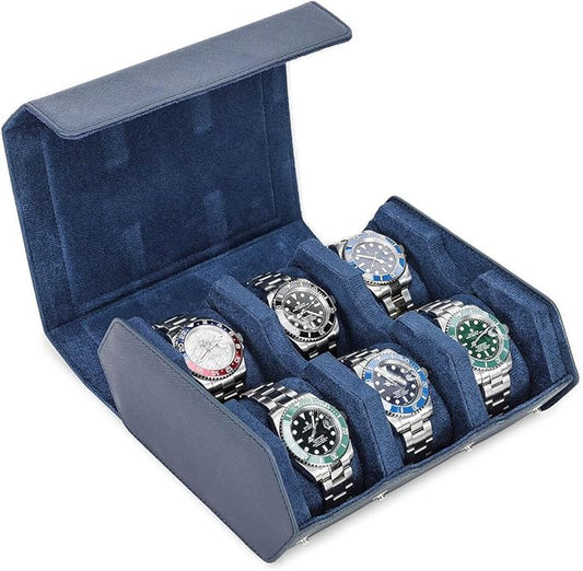 Hiram Genuine Leather Hexagon Watch Roll Travel Case, Leather 6-Watches Roll Case with Removable Pillow Cushion for Treasured Watches and Bracelets-Blue by Hiram