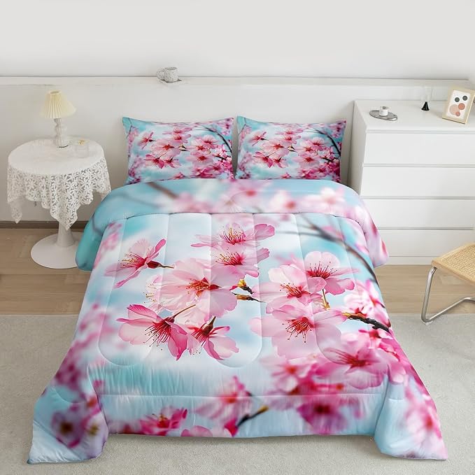 Erosebridal Cherry Blossoms Comforter Set Queen Size, Japanese-Style Floral Duvet Sets, Pink Flower Pattern Bedding Set for Kids Girls Teens Adult Bedroom, Romantic Bedding Comforters - Image 3