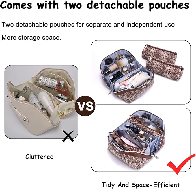 BOYATU Travel Makeup Bag for Women: Western Boho Make up Bag Set of 3 - Large Capacity Vegan Leather Cosmetic Bag - Waterproof Toiletry Bag with Compartments & Handle & Divider(J-2-Brown) - Image 8