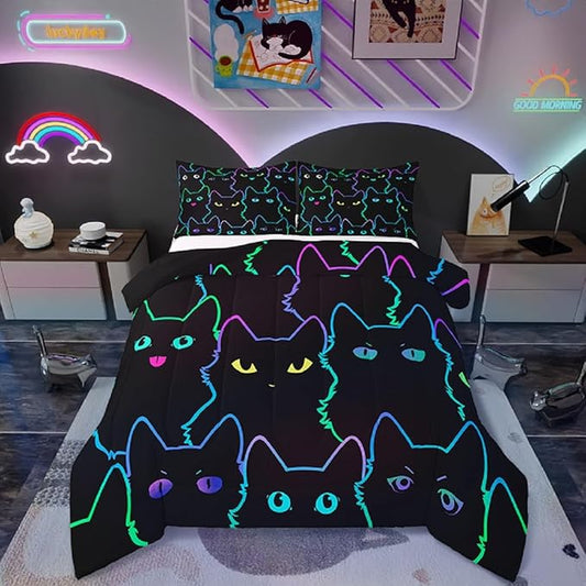 Erosebridal Teen Girl Bedding Full Size Cute Cat Kids Comforter Set Rainbow Line Cats Bedding Sets for Girls Boys Cartoon Kawaii Animal Quilt Set Reversible Black All Season,2 Pillow Cases by Erosebridal
