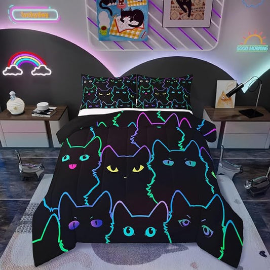 Erosebridal Cute Cat Kids Comforter Neon Rainbow Line Cat Queen Bedding Set for Girls Boys Teen Cartoon Kawaii Cats Toddler Bed Set Colorful Animals Quilt Set Reversible Black,2 Pillow Cases by Erosebridal
