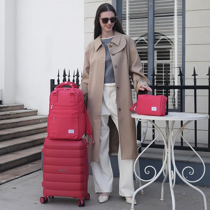Carry On Luggage 22x14x9 Airline Approved, 22 Inch PP Hardshell Luggage Carry-on Suitcase with Spinner Wheels, Carry On Suitcase Set for Women(Rose Red) - Image 2