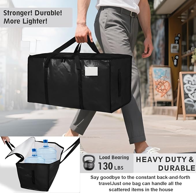 8 Pack-Extra Large Heavy Duty Moving Bags - Waterproof Storage Totes with Handles & Zippers, Foldable for College Dorm, Storage (Black) - Image 3