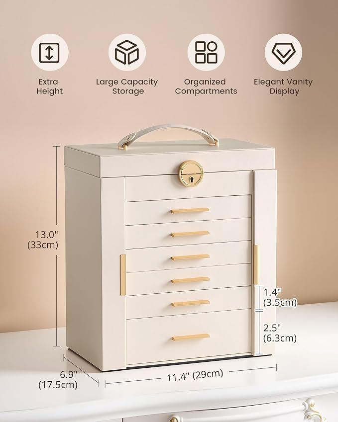 Lolalet Large Jewelry Box Organizer for Women, 7-Layer Jewelry Organizers and Storage Case with Mirror & 6 Drawers, Lockable Watch Ring Earring Bracelet Necklace Holder Girls Gift -7Layer, Beige - Image 3
