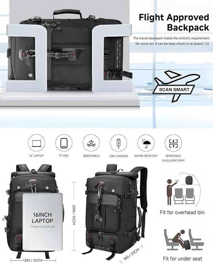 Travel Backpack for Men, 40L Carry on Backpack For Camping,Weekender Black | Large Carry On, Convertible Duffle Bag, Shoe Compartment, Fits 16 Inch Laptop, Durable - Image 4