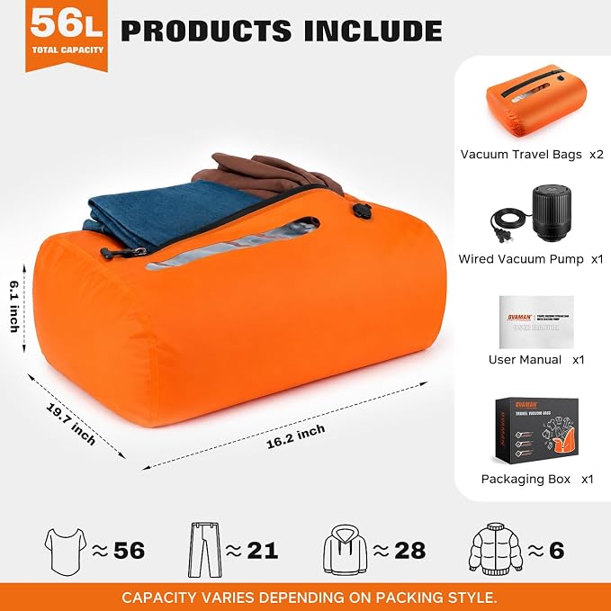 Vacuum Travel Bags With 5500Pa Wired Pump, Vacuum Luggage Bags for Clothes, Compression Bags for Travel, IP68 Waterproof Space Saver Packing Cubes for Suitcase, Backpack & Home Storage (2 Pack + Pump) - Image 6