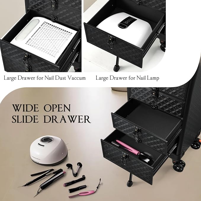 Yueieoun Nail Salon Cart with 4 Drawers,Rolling Makeup Train Case for Beauty,Cosmetology Case on Wheels,Trolley Cart,Lockable Organizer Travel Case for Manicure/Face Painting/Hairstylist/Tattoo Artist - Image 4
