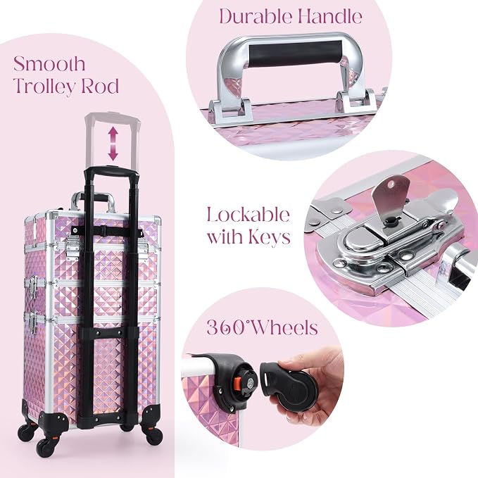 Faquenc Rolling Makeup Train Case 3 in 1 Cosmetology Case on Wheels Makeup Organizers Nail Tech Storage Cart Cosmetic Trolley Travel Barber Suitcase for Make up Manicure Hair Lockable, Shiny Pink - Image 6