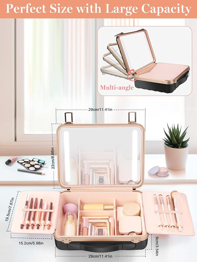Kalolary Travel Makeup Train Cases with Lighted Mirror 3 Color Setting | Makeup Bag Cosmetic Case Organizer Adjustable Brightness Portable Makeup Storage Box For Makeup Brushes Accessories,Black - Image 4