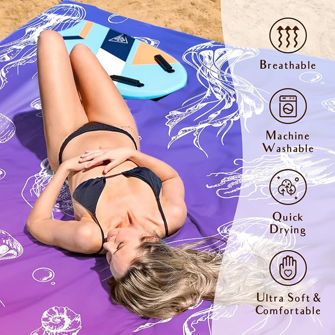 AlphaBeing Beach Blanket Waterproof Sandproof, Extra Large Beach Mat for 1–8 Adults, Oversized Picnic Blanket with 4 Stakes & Storage Bag, Essential Beach Gear for Travel - Image 5