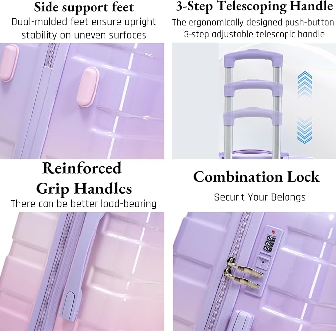 3-Piece Luggage Set 20/24/28’’ Hard-shell with 360° Spinner Wheels, Gradient Color Suitcase with Combination Lock, Lightweight PC Material, (Pink + Purple) - Image 2