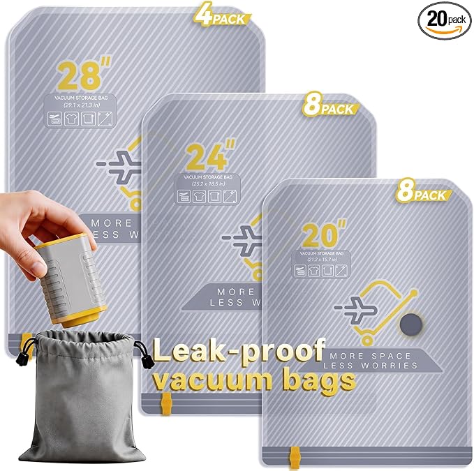 20-Pack Vacuum Bags for Travel with Wireless Rechargeable Pump, Carry-on Size Compression Packing Bags for Luggage & Suitcase, Space Saver for Clothes & Clothing, 20 Combo Travel Size, Fast 3S Vacuum by TheArtofSmartTravel