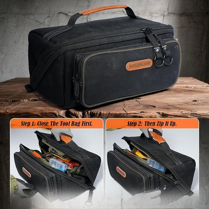 WELKINLAND LayFlat Tool Pouch Organizer, 13-Inch Small Tool Bag, Heavy-Duty Waxed Canvas Tool Pouch, 5-Pocket Small Tool Bags with Zipper, Wide-Open Electrician Tool Bag - Image 7