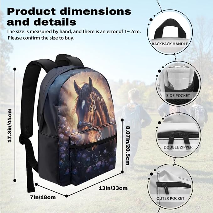 Kids Backpack and Lunch Box Set, Horse Backpack for Middle School Girls, Cute Backpacks for Teen Girls, 17 Inch Elementary School Bookbag Ages 6-8 8-10 Large Book Bag Set for Teens - Image 3