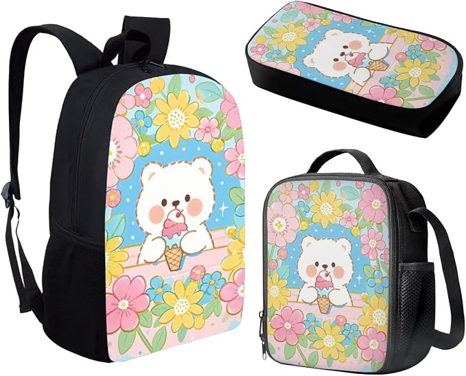 Forchrinse Bear Backpack with Lunch Box Cute School Backpacks for Girls 8-7 10-12 and Lunchbox 17 Inch Large Capacity Primary School Bag Lunch Bag Pencil Case, 3-in-1 - Image 2