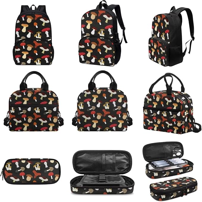 Black Lovely Mushroom Backpack Set for Girls Kids Lightweight Cute School Backpack with Lunch Box Pencil Case Adjustable Strap Padded Book Bag Insulated Lunch Bag - Image 3