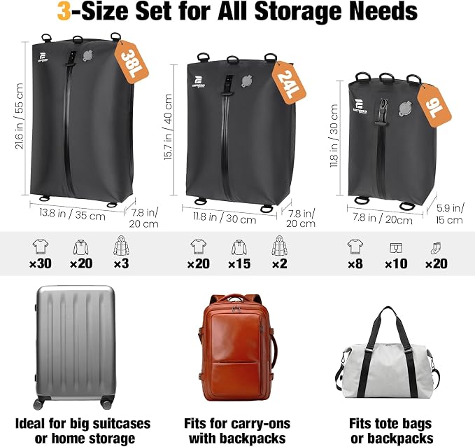 3 Pack Vacuum Bags for Travel with Pump, 3-Size Set Reusable Vacuum Compression Bags for Luggage, Space Saver IP67 Waterproof Vacuum Packing Cubes for Suitcase&Backpack, Black - Image 2