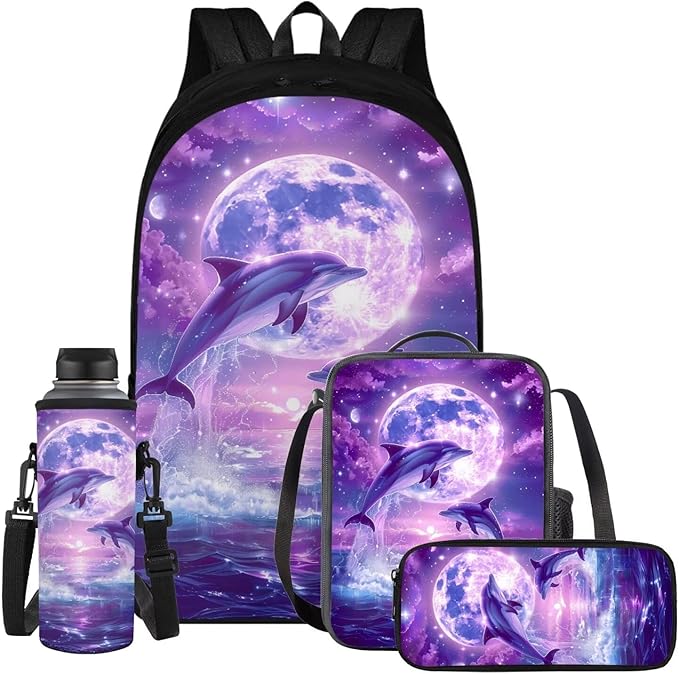 Dolphin Backpack for Girls Kids Backpack with Lunch Box Water Bottle Pouch and Aesthetic Pencil Case 4PCS Set Bookbag with Compartments for School Teens 17 inch Large Elementary School Bag by ELEDIZI