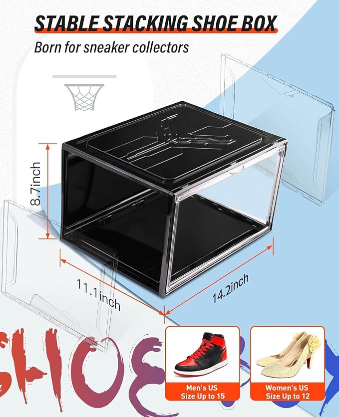 KDOR Shoe Boxes Black Plastic Stackable 10 Pack Sneaker Storage Boxes with Magnetic Door, Acrylic Display Case, Strong and Sturdy Fit Shoe Size Up to US 15（Side 10 PACK BLACK） - Image 2