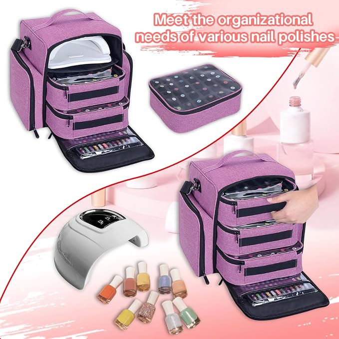 Nail Polish Organizer Case Hold 90 Bottle with 3 Detachable Bag,Purple | Portable Travel Storage Box Designed for Women's Nail Tools, Essential Oils and Cosmetics Sets - Image 6