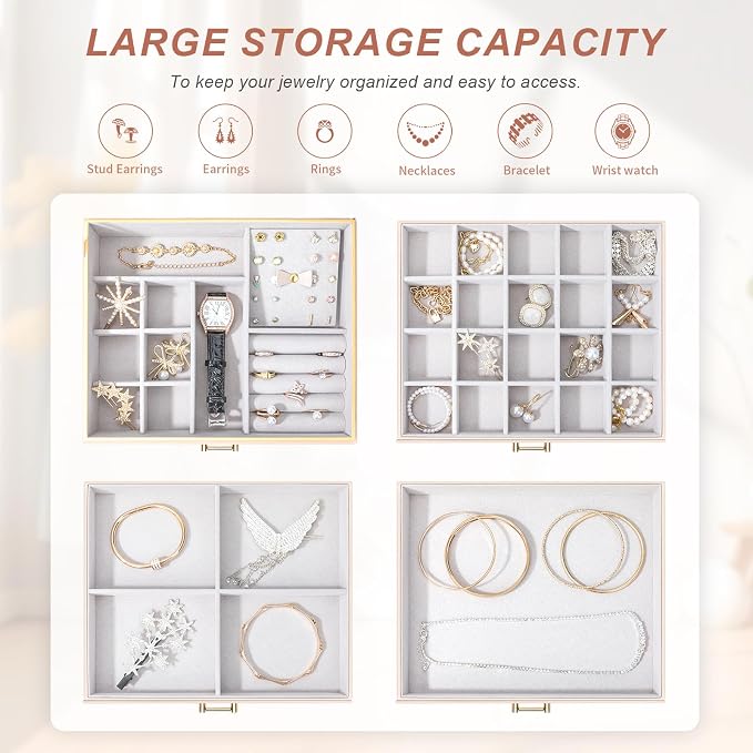 Large Jewelry Box, 4-Layer Leather Organizer, Apricot | 3 Drawers, Display Case, For Women Girls - Image 4