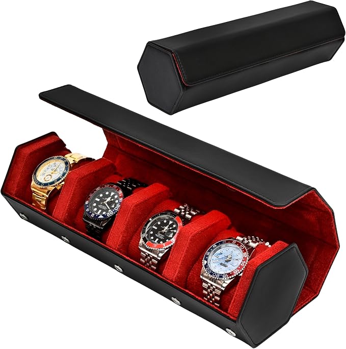 4-Slot Leather Watch Roll Travel Case with Velvet Interior,Black Red | Multiple Watch Capacity,Premium Hexagon Leather,Velvet M-Shaped Cushions,Secure Snap Closure,Storage Organizer by Unknown