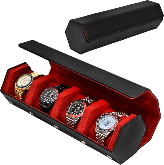 4-Slot Leather Watch Roll Travel Case with Velvet Interior,Black Red | Multiple Watch Capacity,Premium Hexagon Leather,Velvet M-Shaped Cushions,Secure Snap Closure,Storage Organizer by Unknown
