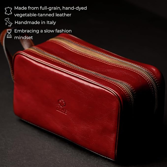 Time Resistance Leather Cosmetic Bag - Italian Toiletry Dopp Kit (Red) - Image 4