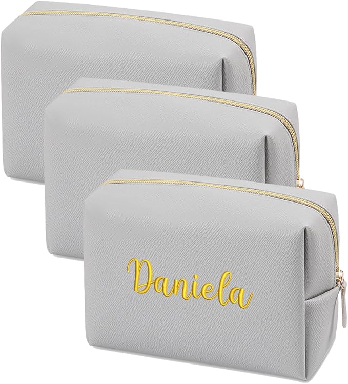 Embroidered Large Make up Bag,Personalized Skincare Bag,Cosmetic Travel Bags for Women Gift For Wedding,Set of 3, Gray by GOPHIE