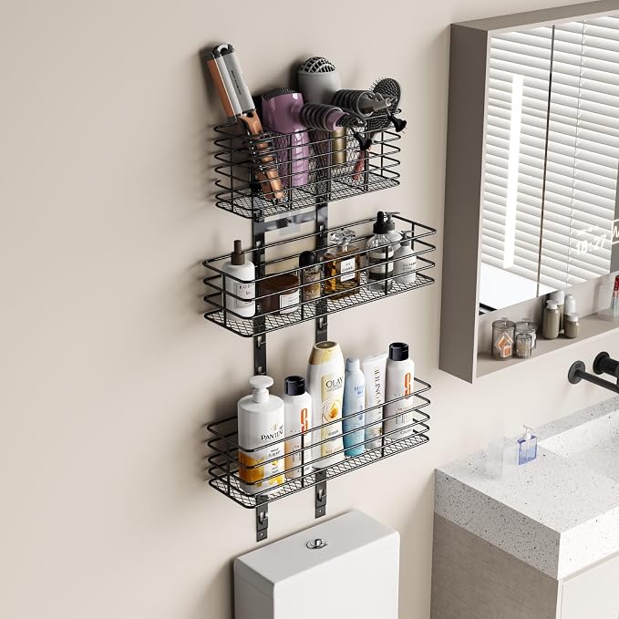 Yuyetuyo 5-Tier Over The Door Organizer Bathroom - Hair Dryer Holder - Hair Tool Organizer Adjustable Height, DIY Bathroom Storage Shelf Wall Mounted for Flat/Curling Irons, Straighteners, Skincare - Image 4